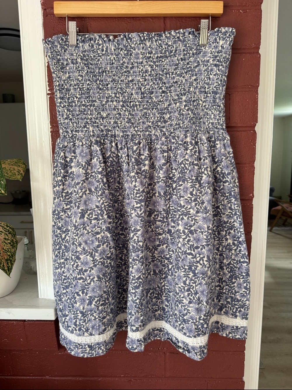 American Eagle Smocked Strapless Cotton/Linen Blend Dress with Blue Flowers